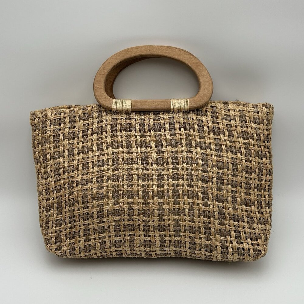 DKNY Straw Woven Large Purse with Wood Handles Zipper Closure - Some Flaws
